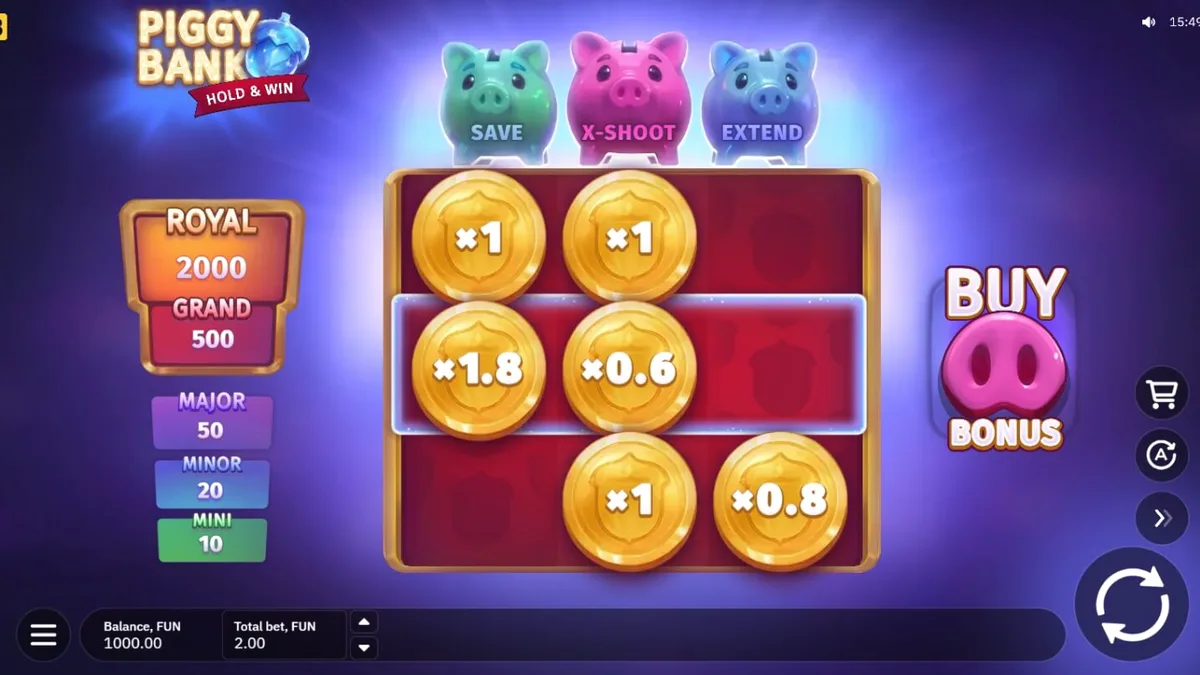 Tampilan antarmuka slot Piggy Bank Hold & Win yang cerah dan ramah pengguna di perangkat seluler.